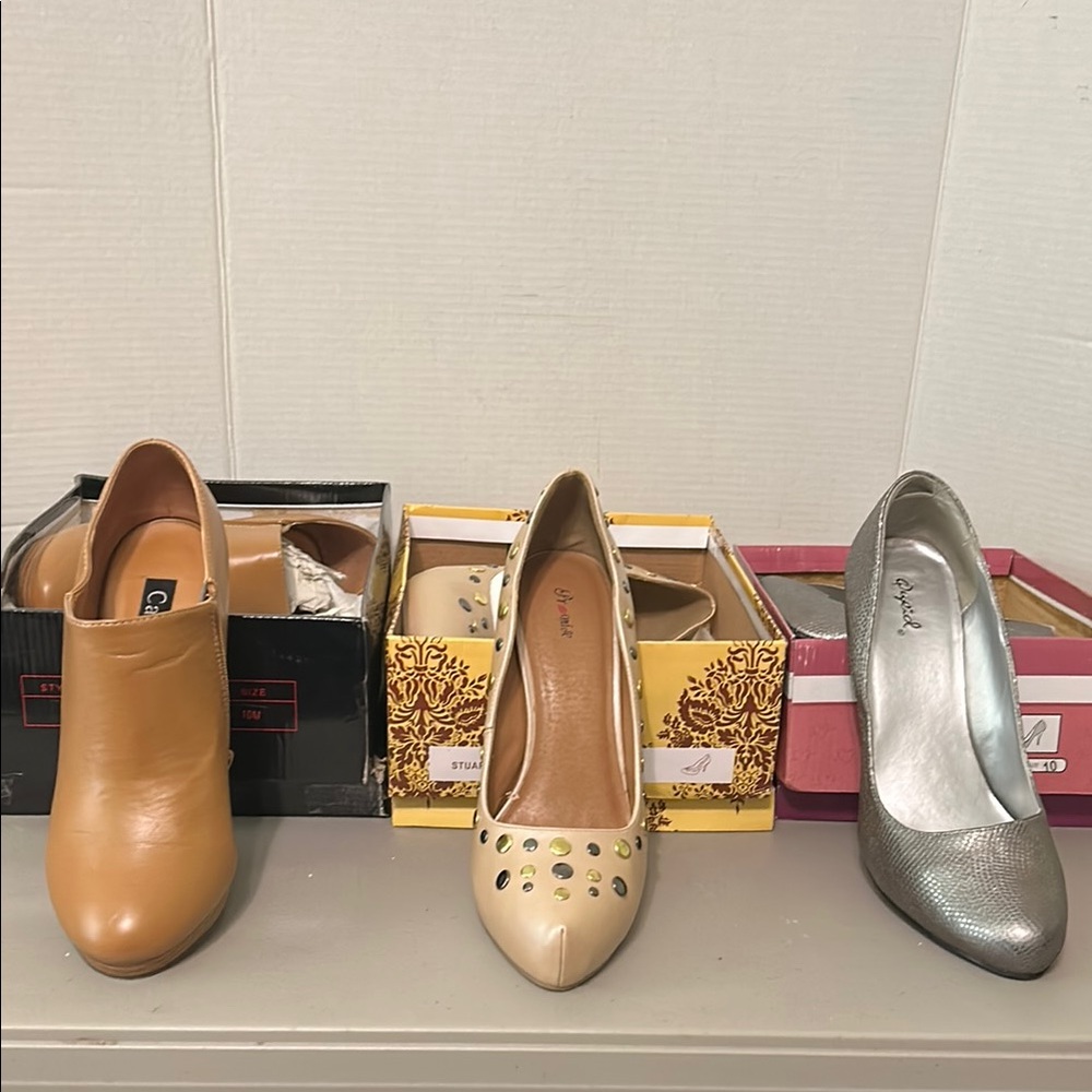 Stylish Women's Tan, Cream, and Silver Shoes Set